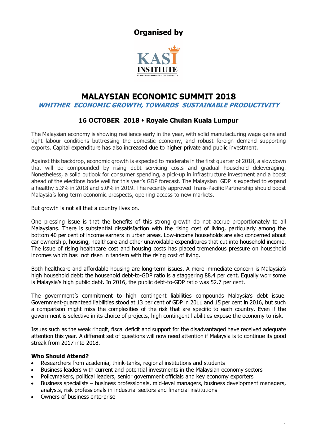 Msian Economic Summit 2018 Brief Prog