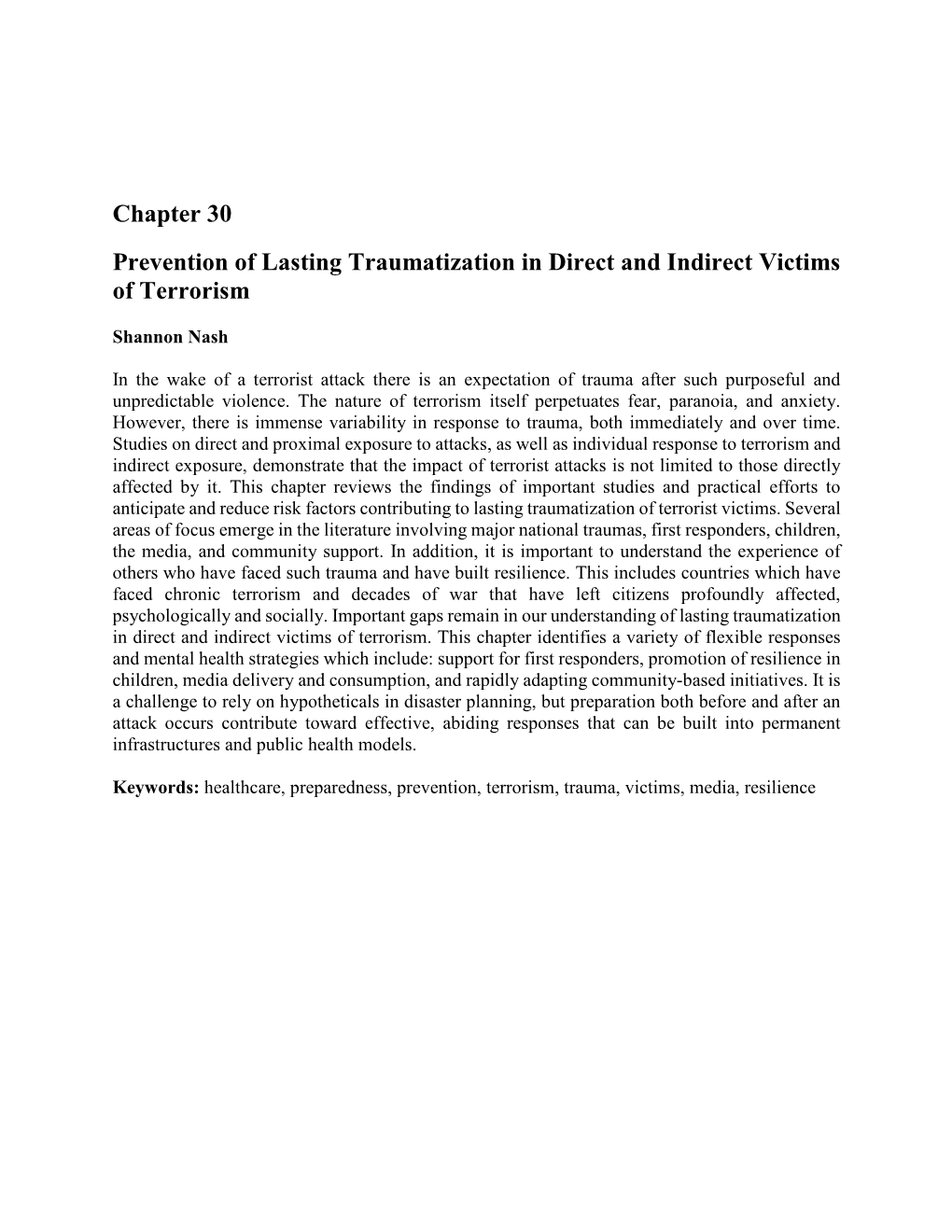 Chapter 30 Prevention of Lasting Traumatization in Direct and Indirect Victims of Terrorism