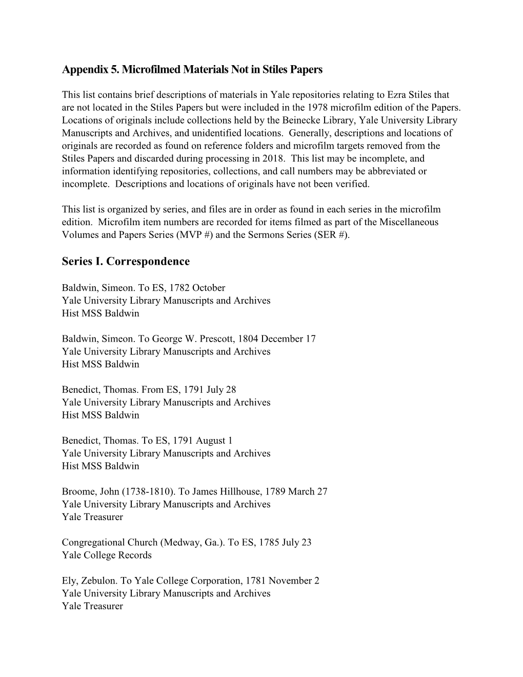 Appendix 5. Microfilmed Materials Not in Stiles Papers. Ezra Stiles Papers