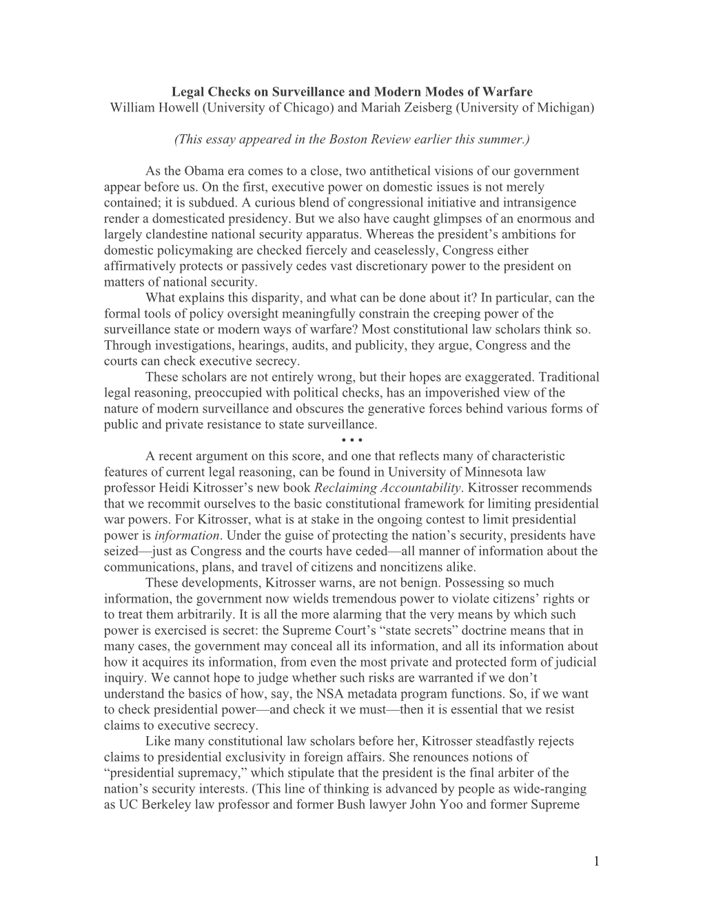 Legal Checks on Surveillance and Modern Modes of Warfare William Howell (University of Chicago) and Mariah Zeisberg (University of Michigan)