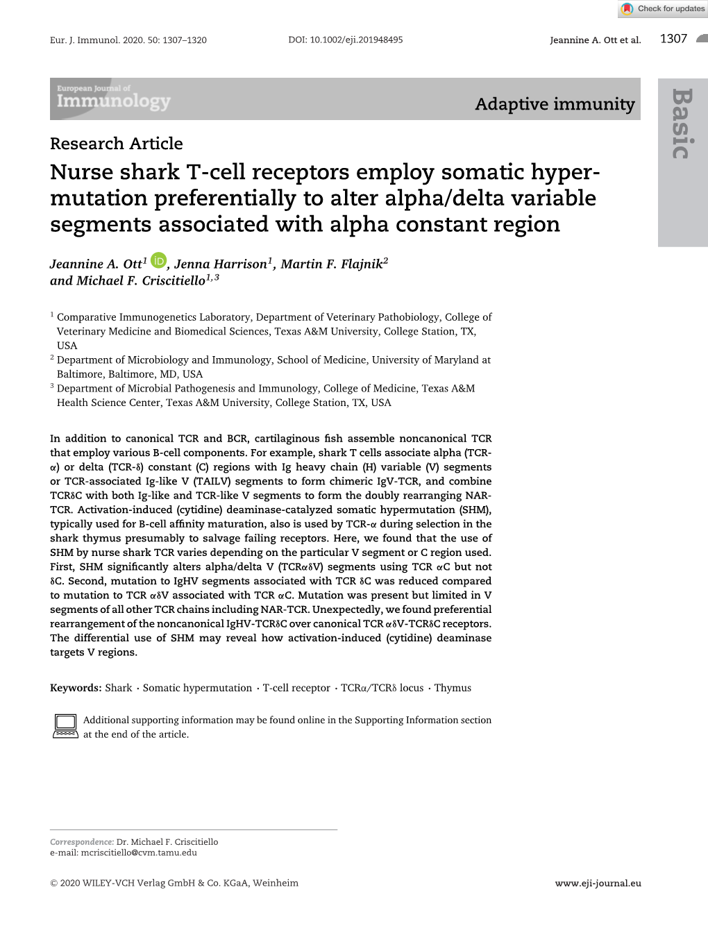 Nurse Shark T-Cell Receptors Employ Somatic Hyper- Mutation Preferentially to Alter Alpha/Delta Variable Segments Associated with Alpha Constant Region