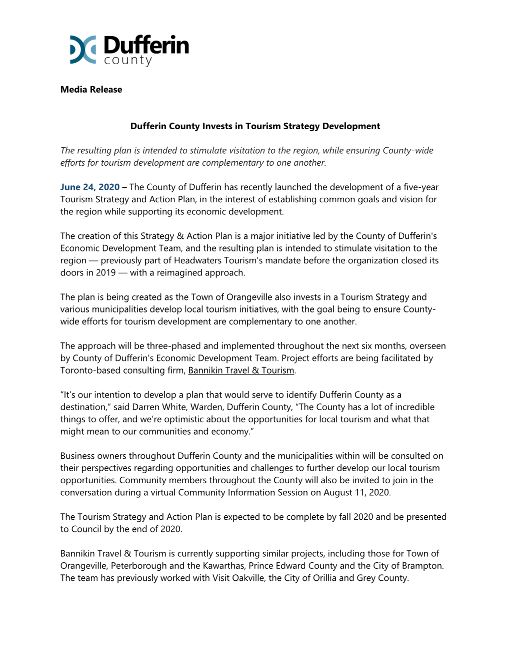 Media Release Dufferin County Invests in Tourism Strategy