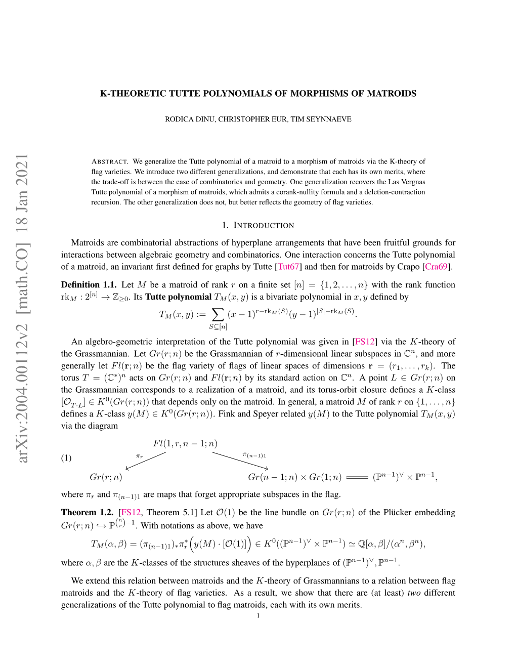 Arxiv:2004.00112V2 [Math.CO] 18 Jan 2021 Eeal Let Generally Torus H Rsmnin Let Grassmannian