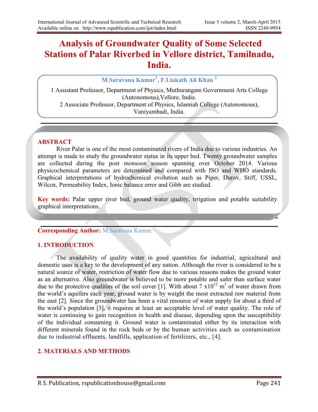 Analysis of Groundwater Quality of Some Selected Stations of Palar Riverbed in Vellore District, Tamilnadu, India