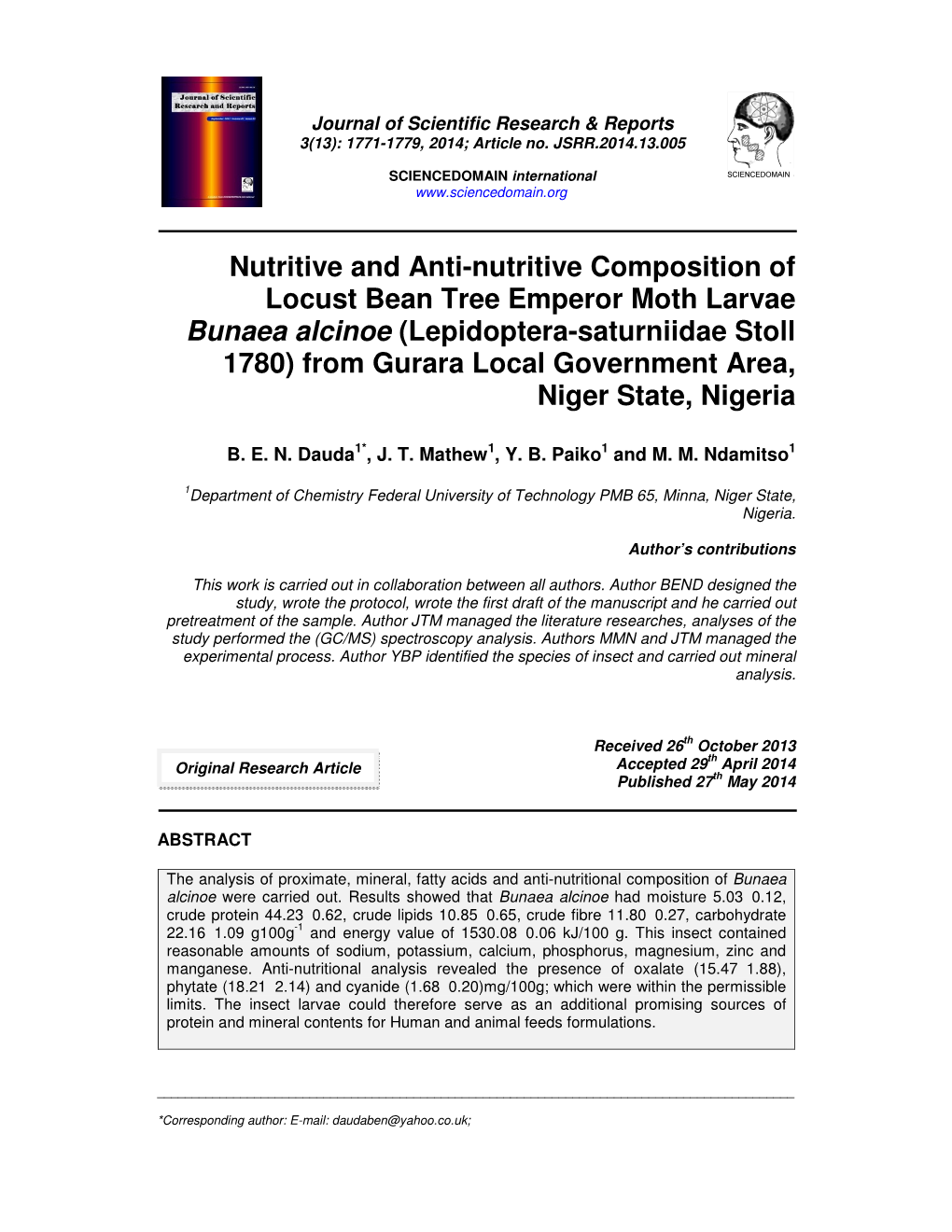 Nutritive and Anti-Nutritive Composition of Locust Bean Tree