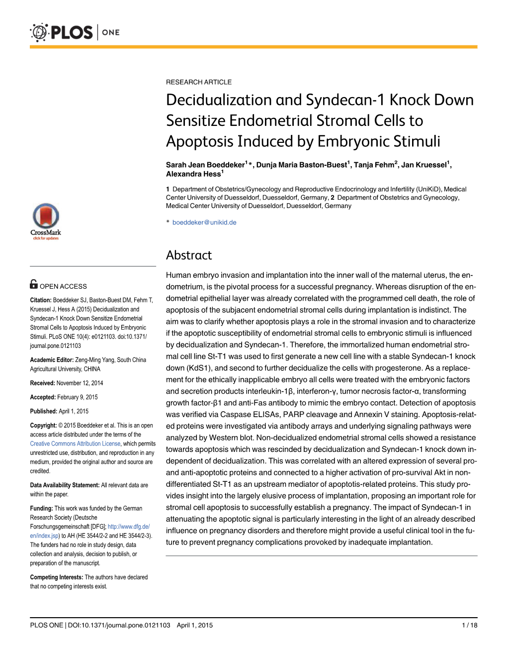 Decidualization and Syndecan-1 Knock Down Sensitize Endometrial Stromal Cells to Apoptosis Induced by Embryonic Stimuli