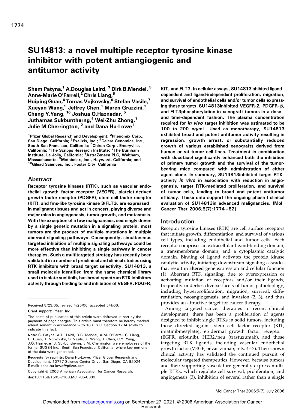 SU14813: a Novel Multiple Receptor Tyrosine Kinase Inhibitor with Potent Antiangiogenic and Antitumor Activity