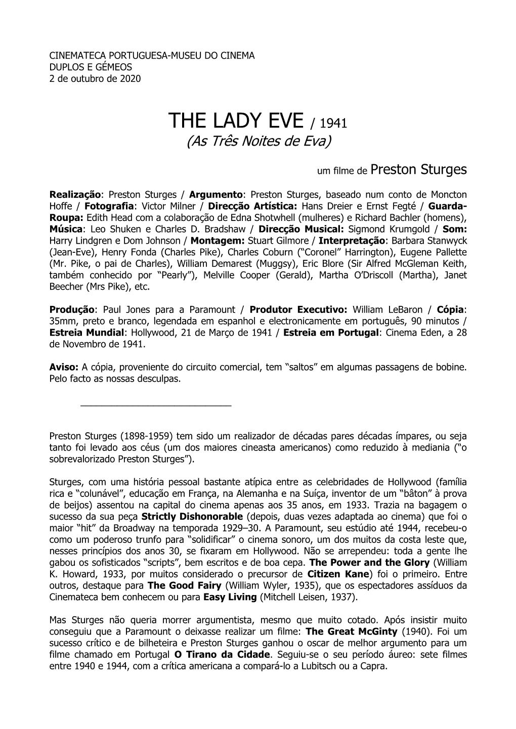 THE LADY EVE / 1941 (As Três Noites De Eva)