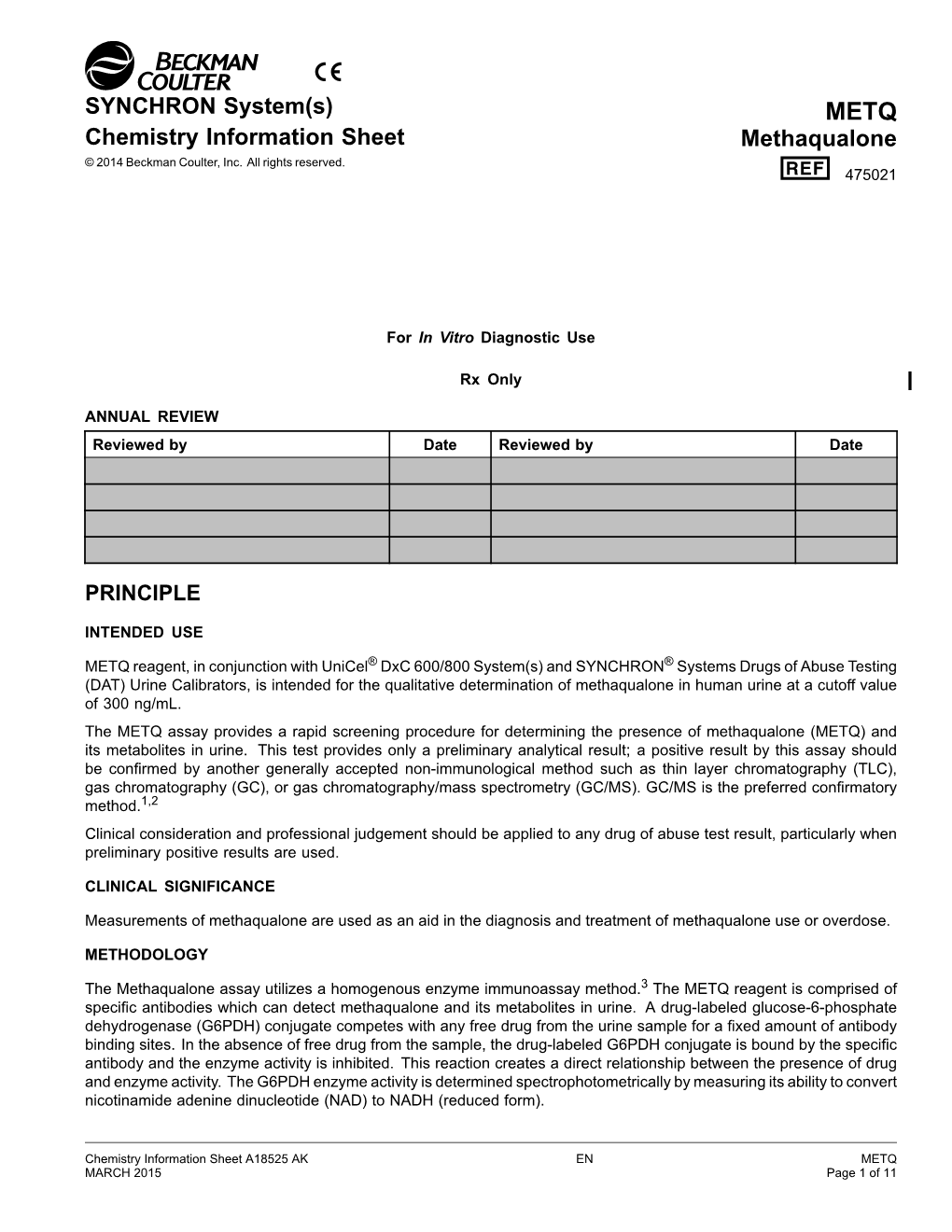 Chemistry Information Sheet Methaqualone © 2014 Beckman Coulter, Inc