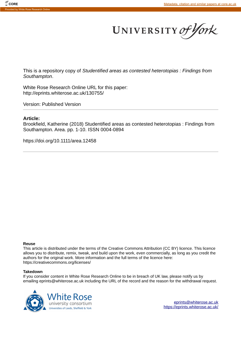 Studentified Areas As Contested Heterotopias : Findings from Southampton