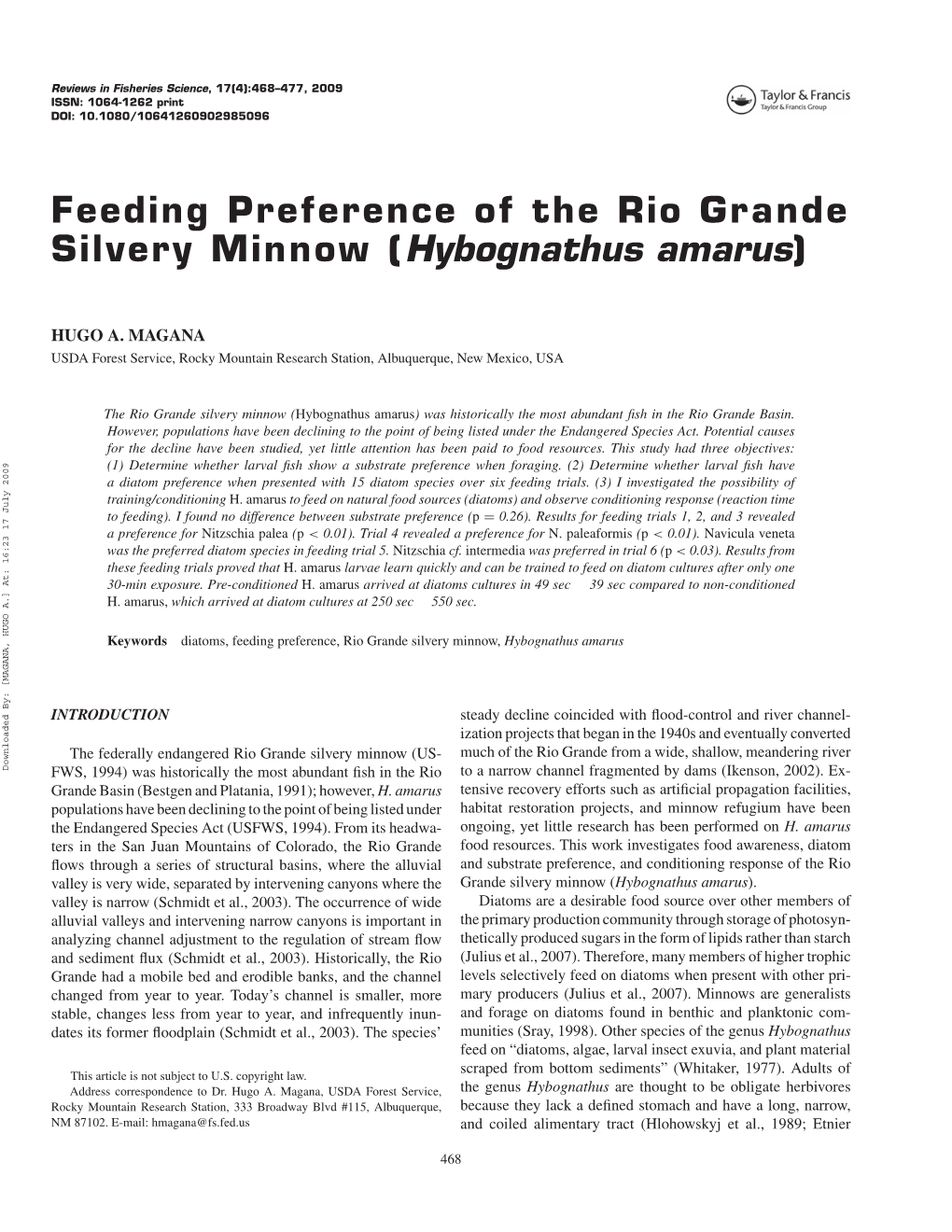 Feeding Preference of the Rio Grande Silvery Minnow (Hybognathus Amarus)