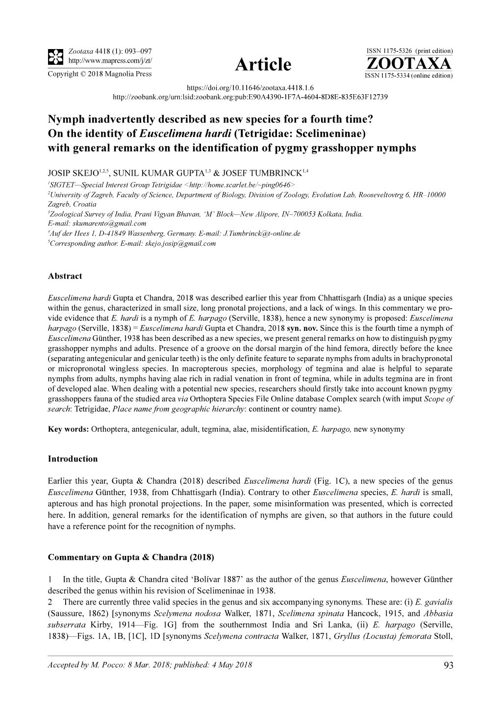 On the Identity of Euscelimena Hardi (Tetrigidae: Scelimeninae) with General Remarks on the Identification of Pygmy Grasshopper Nymphs