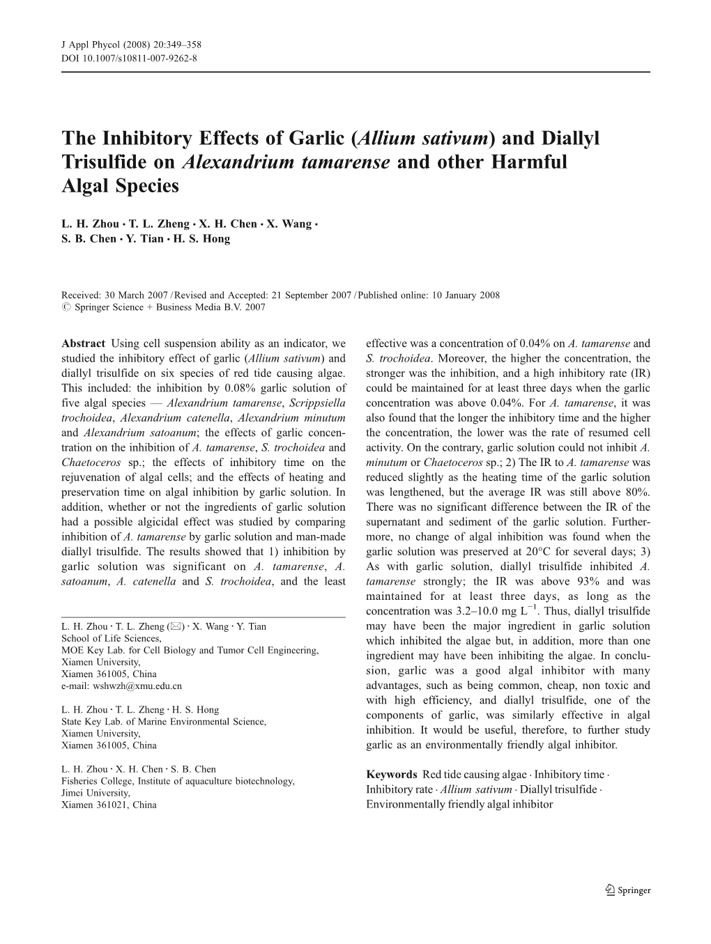 The Inhibitory Effects of Garlic (Allium Sativum) and Diallyl Trisulfide on Alexandrium Tamarense and Other Harmful Algal Species