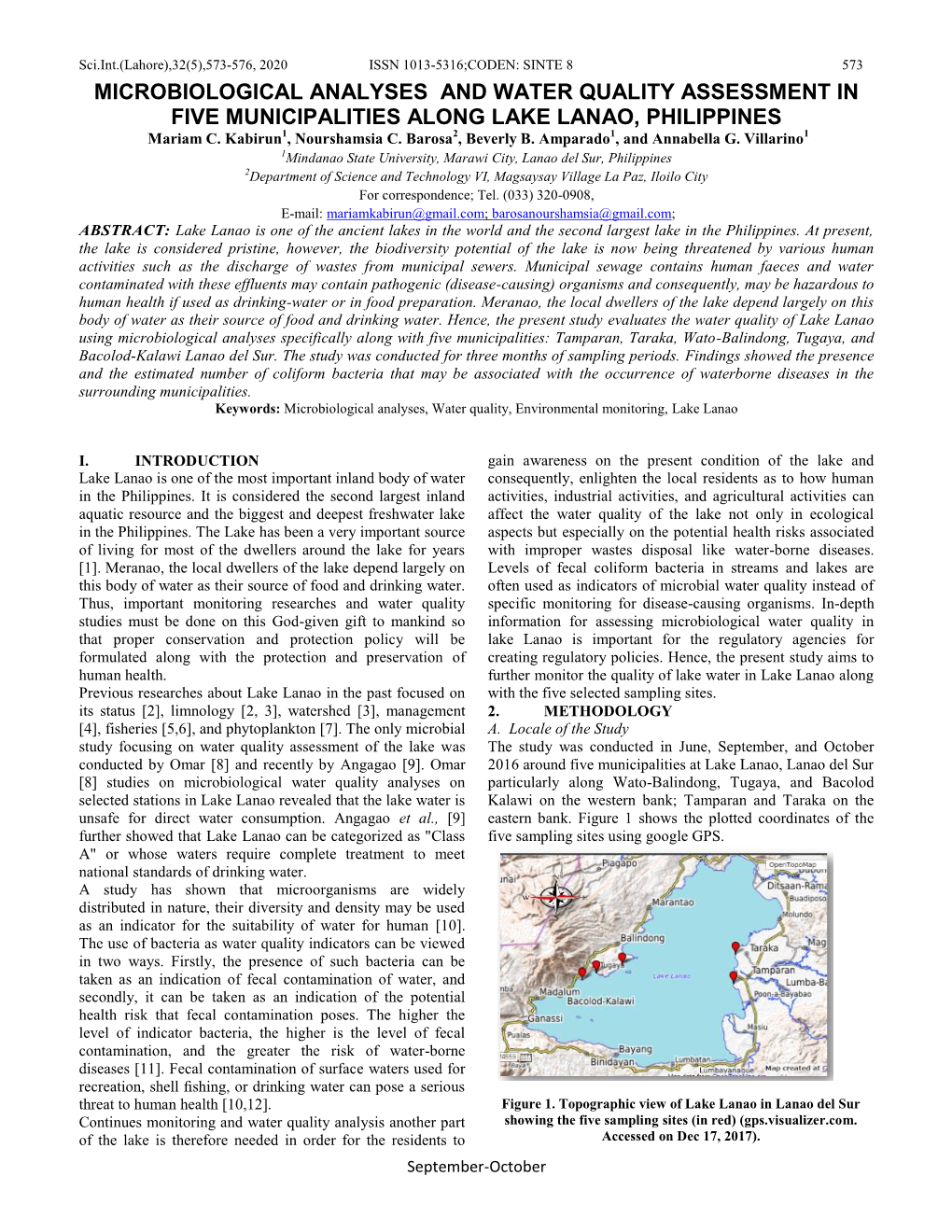 MICROBIOLOGICAL ANALYSES and WATER QUALITY ASSESSMENT in FIVE MUNICIPALITIES ALONG LAKE LANAO, PHILIPPINES Mariam C