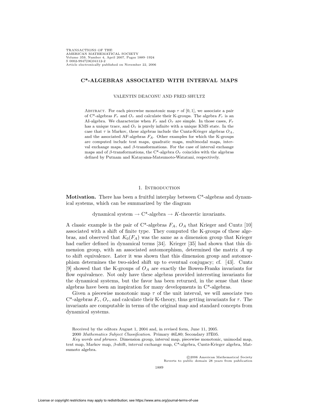 C*-ALGEBRAS ASSOCIATED with INTERVAL MAPS 1. Introduction