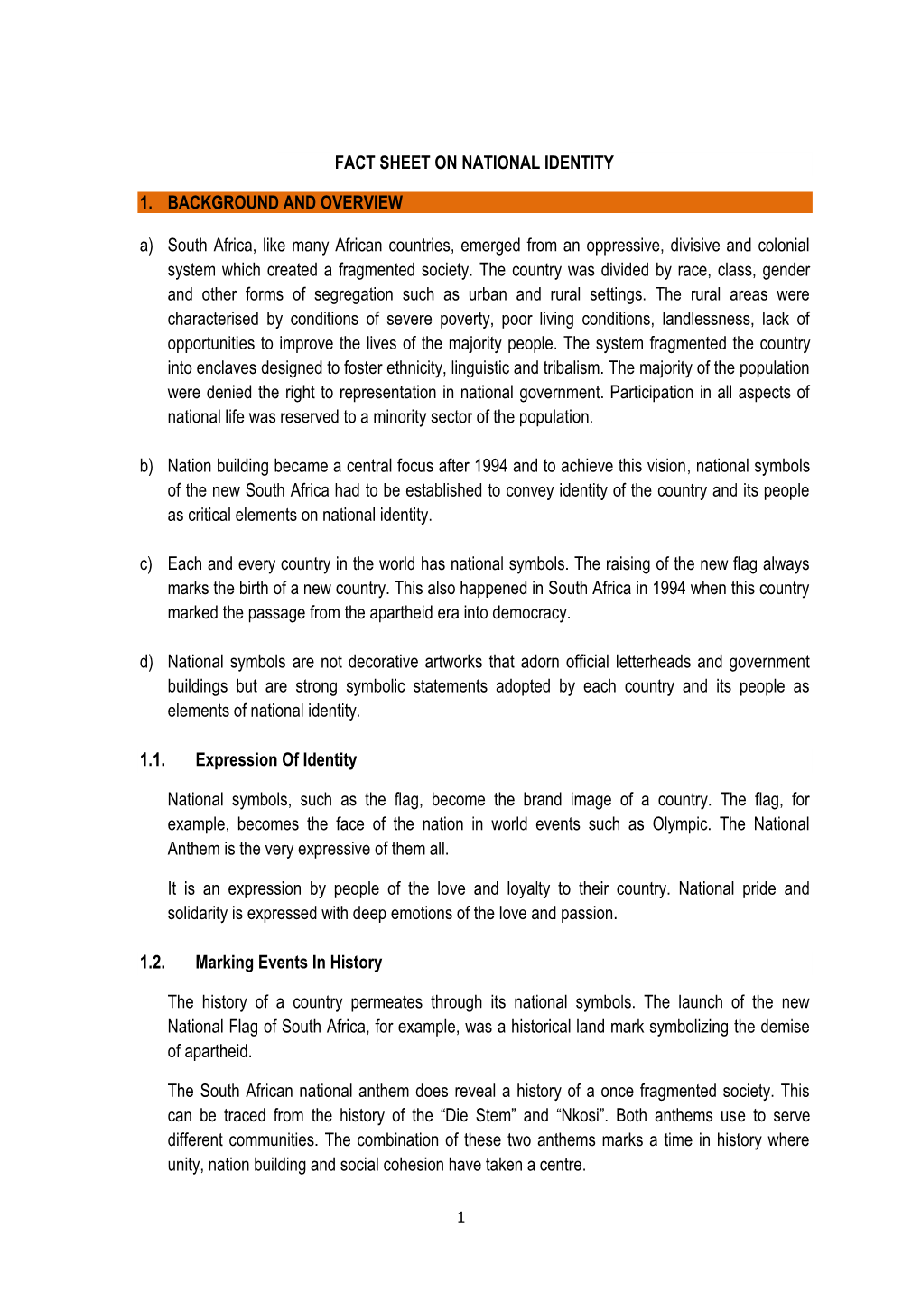 Fact Sheet on National Identity 1. Background And