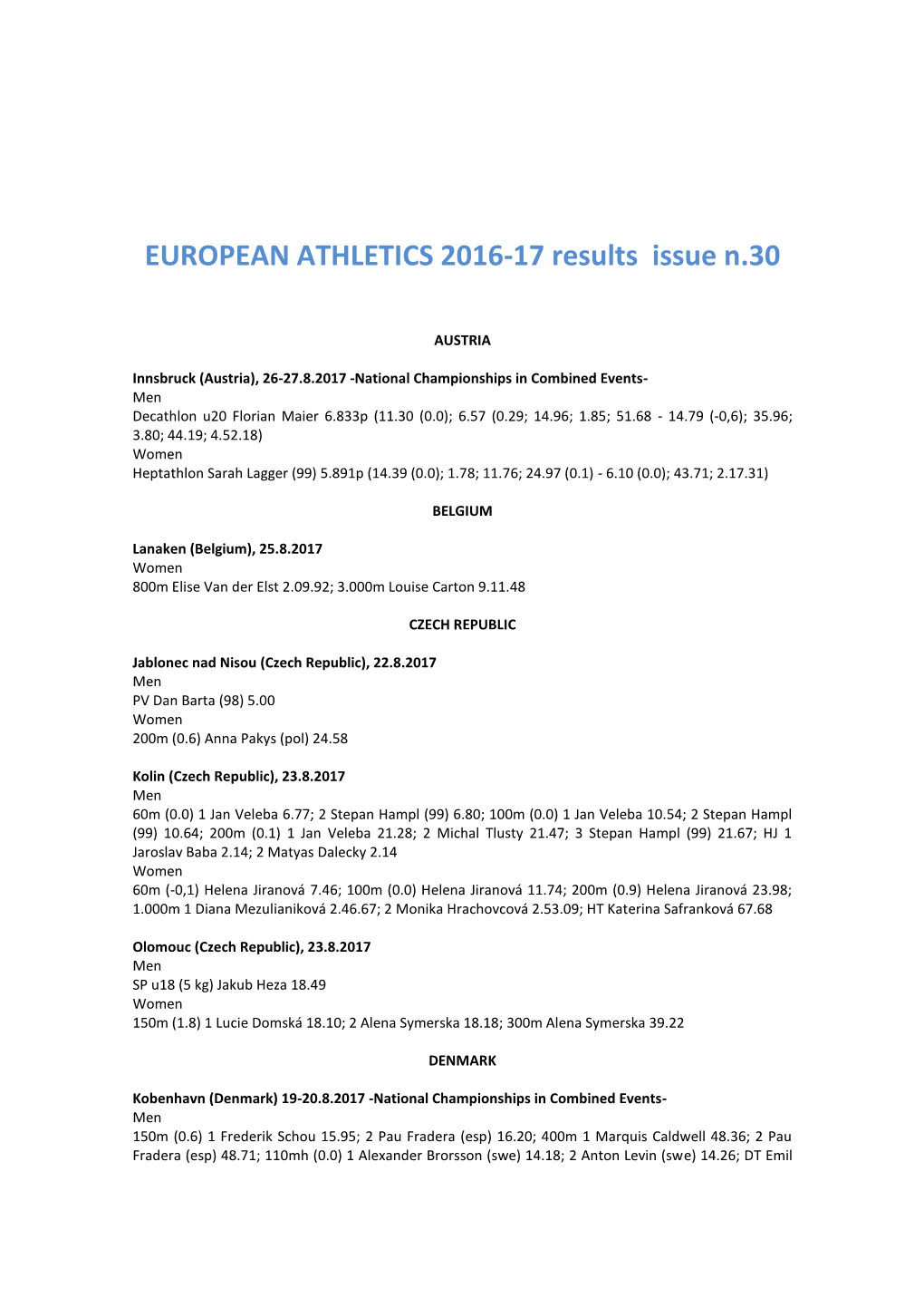 EUROPEAN ATHLETICS 2016-17 Results Issue N.30