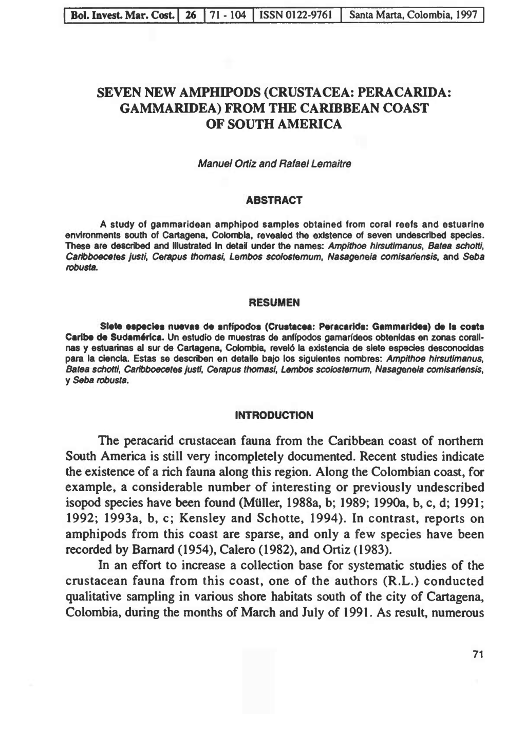 Seven New Amphipods (Crustacea: Peracarida: Gammaridea) from the Caribbean Coast of South America