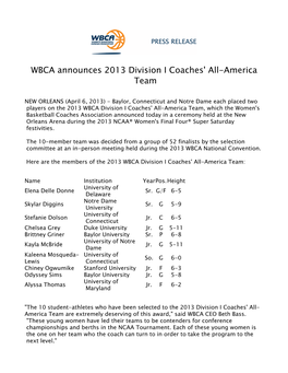 WBCA Announces 2013 Division I Coaches' All-America Team 2012-13 040613