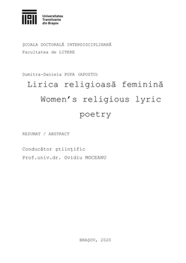 Lirica Religioasă Feminină Women's Religious Lyric Poetry