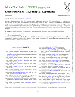 Mammalian Species 52(997):125–142 Lepus Europaeus (Lagomorpha: Leporidae)