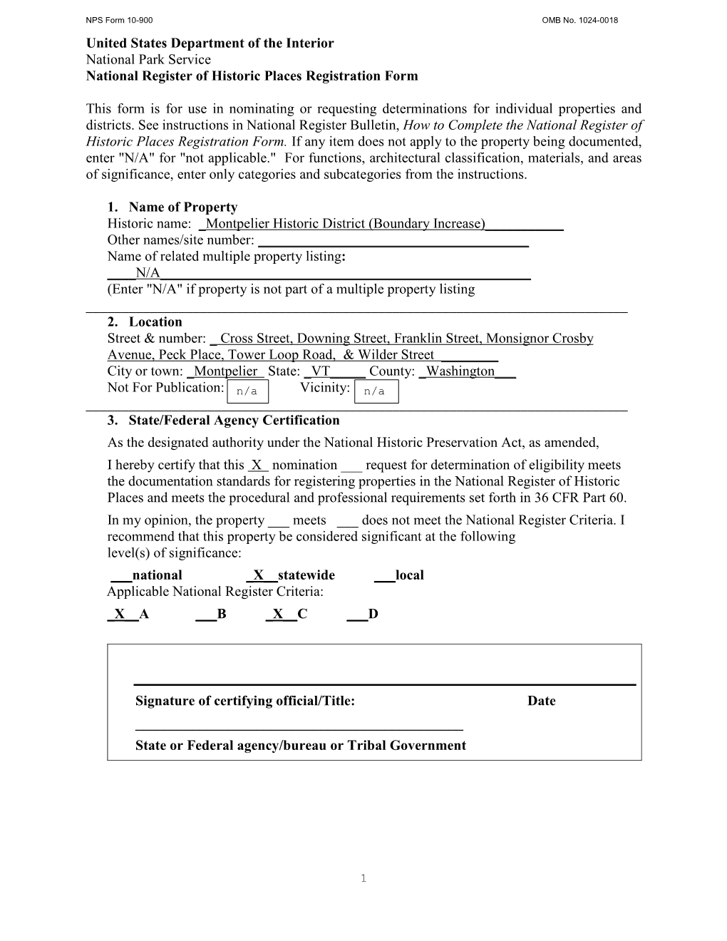 United States Department of the Interior National Park Service National Register of Historic Places Registration Form