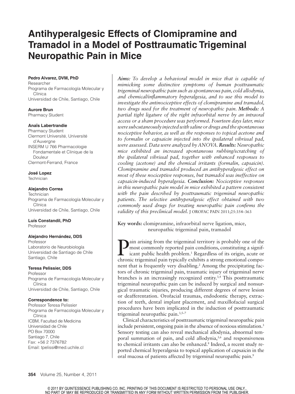 Antihyperalgesic Effects of Clomipramine and Tramadol in a Model of Posttraumatic Trigeminal Neuropathic Pain in Mice