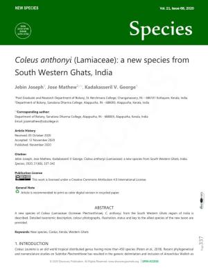 (Lamiaceae): a New Species from South Western Ghats, India