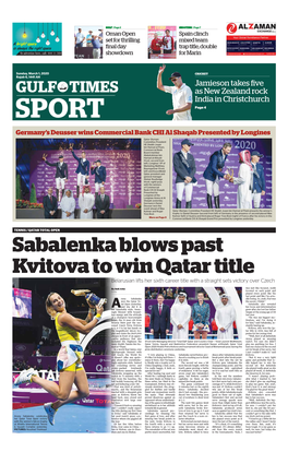 Sabalenka Blows Past Kvitova to Win Qatar Title Belarusian Lifts Her Sixth Career Title with a Straight Sets Victory Over Czech