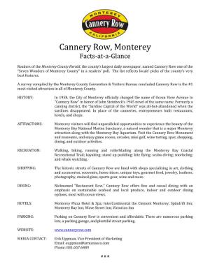 Cannery Row, Monterey Facts-At-A-Glance