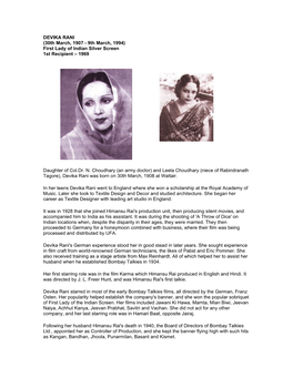 DEVIKA RANI (30Th March, 1907 - 9Th March, 1994) First Lady of Indian Silver Screen 1St Recipient – 1969