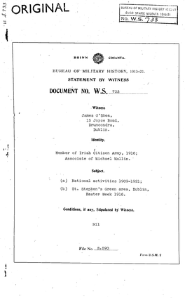ROINN COSANTA. BUREAU of MILITARY HISTORY, 1913-21. STATEMENT by WITNESS DOCUMENT NO. W.S 733 Witness James O'shea, 15 Joyce