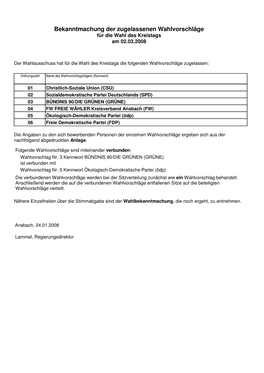 Bekanntmachung Der Zugelassenen Wahlvorschläge Für Die Wahl Des Kreistags Am 02.03.2008