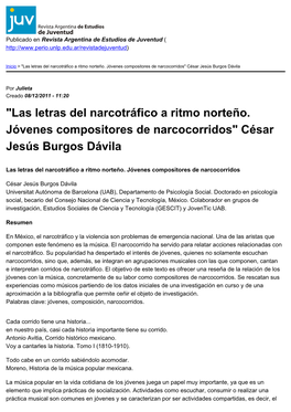 "Las Letras Del Narcotráfico a Ritmo Norteño. Jóvenes Compositores De Narcocorridos" César Jesús Burgos Dávila