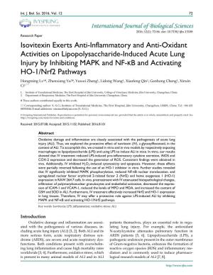 Isovitexin Exerts Anti-Inflammatory and Anti-Oxidant Activities on Lipopolysaccharide-Induced Acute Lung Injury by Inhibiting MA