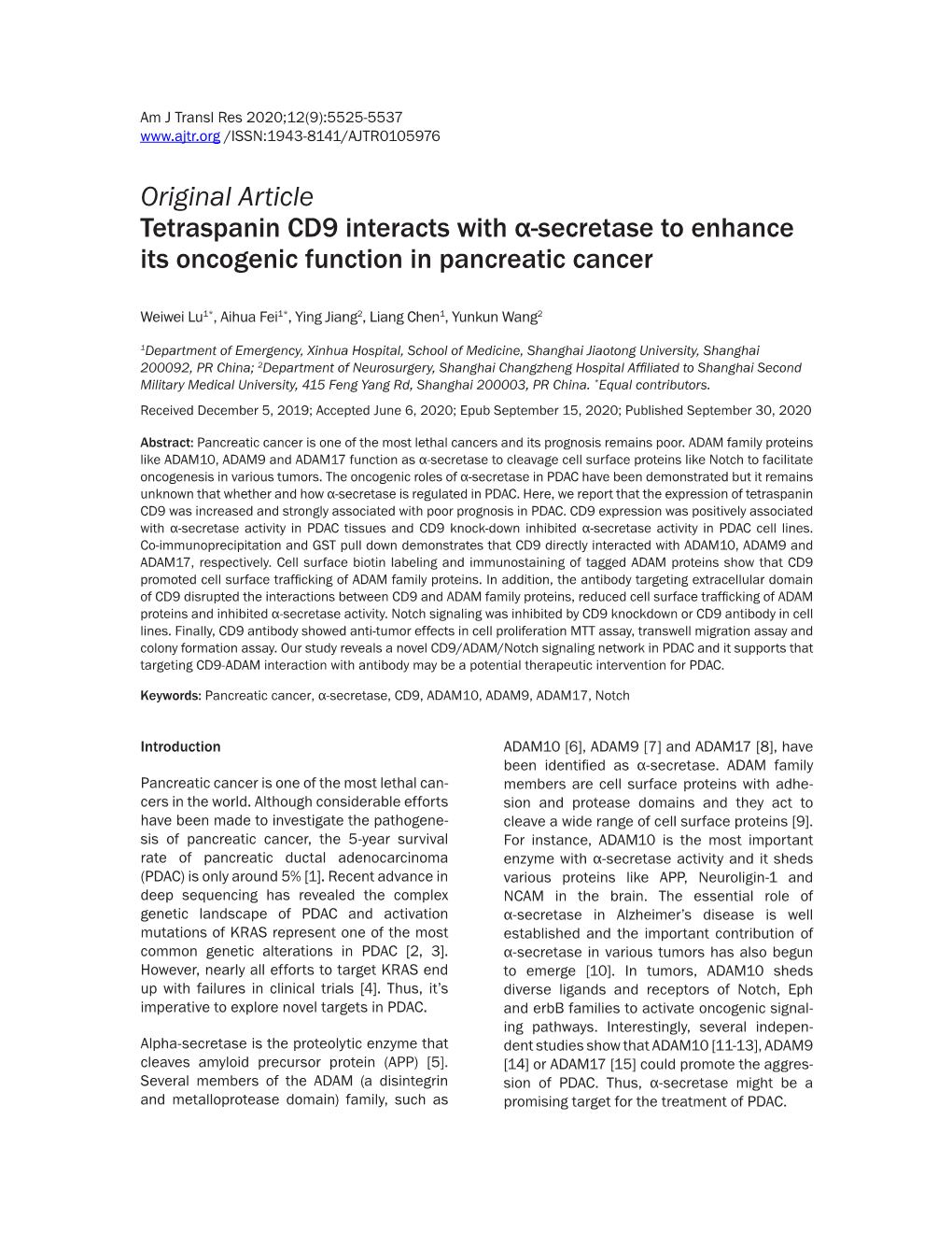 Original Article Tetraspanin CD9 Interacts with Α-Secretase to Enhance Its Oncogenic Function in Pancreatic Cancer