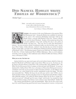 DID SAMUEL ROWLEY WRITE ITHOMAS of WOODSTOCK? Michael Egan K