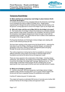 Flood Recovery - Roads and Bridges Frequently Asked Questions (FAQ’S) Version 9