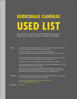 Kerrisdale Cameras: Used List
