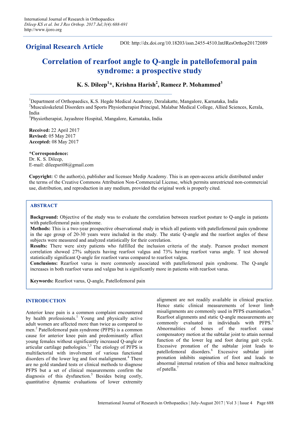 Correlation of Rearfoot Angle to Q-Angle in Patellofemoral Pain Syndrome: a Prospective Study