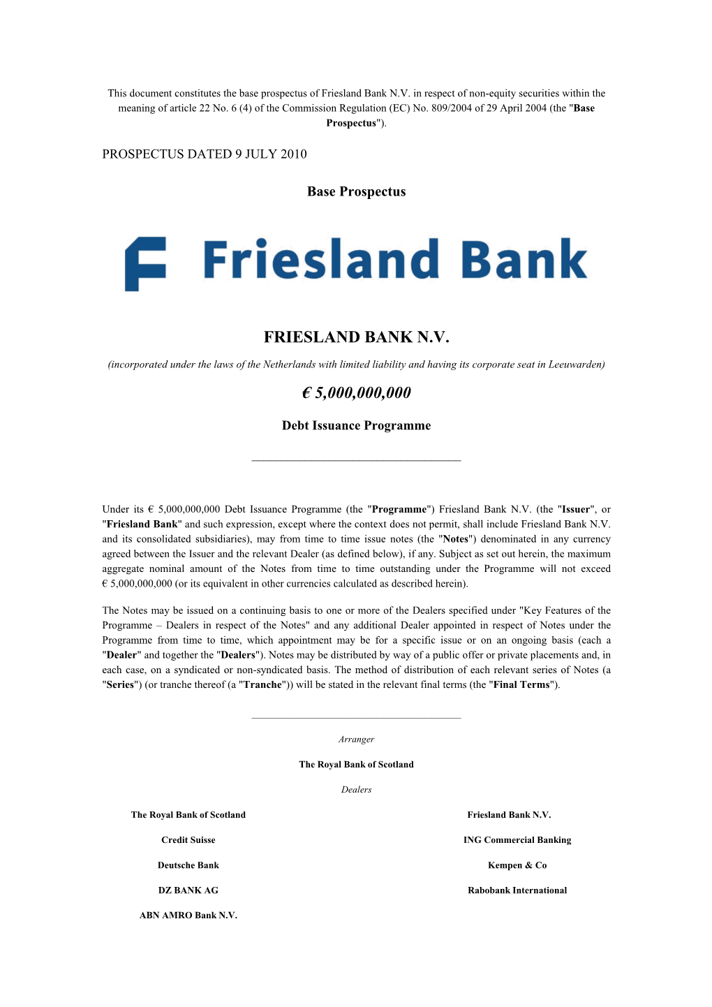 Friesland Bank N.V. € 5,000,000,000