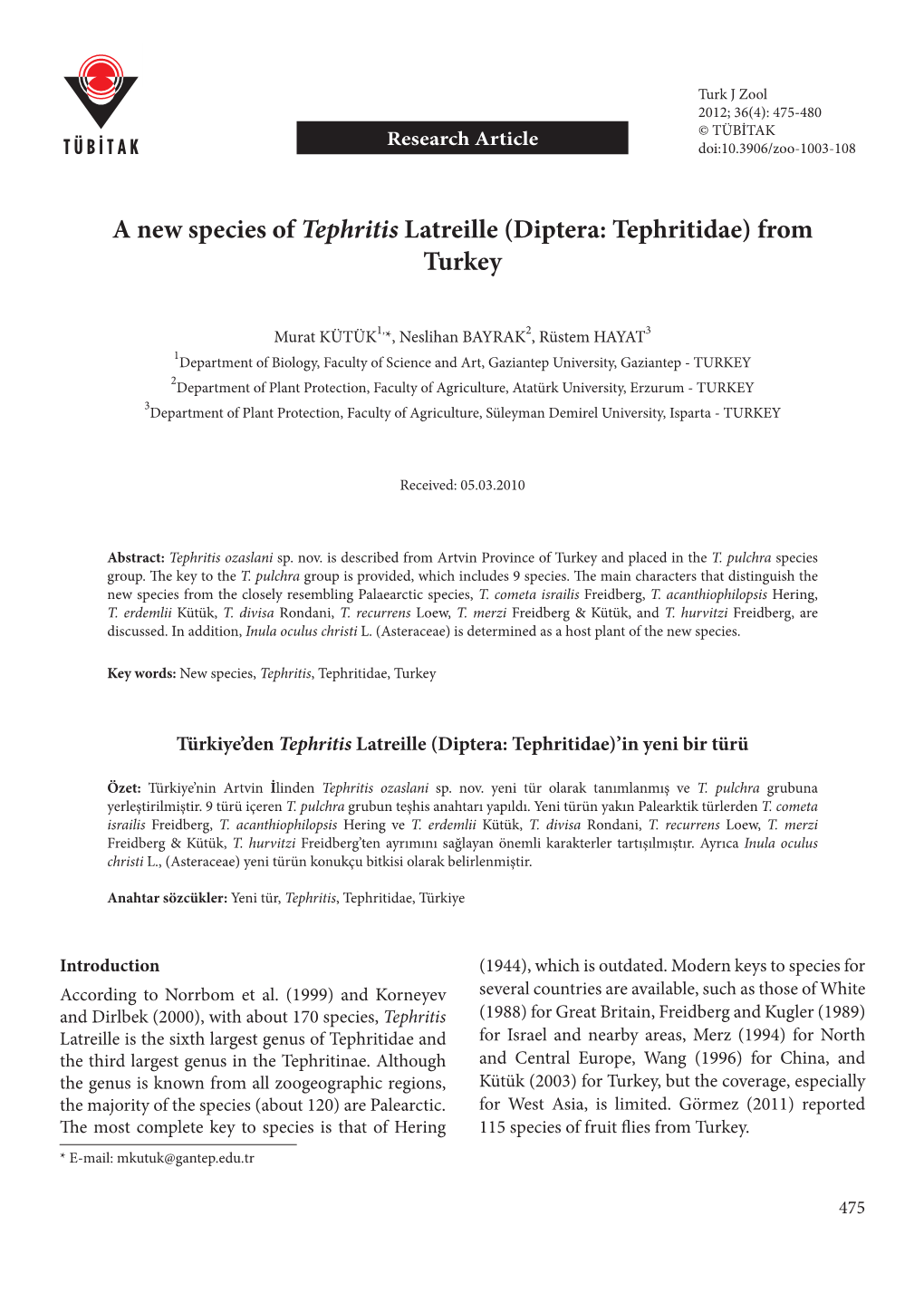 A New Species of Tephritis Latreille (Diptera: Tephritidae) from Turkey