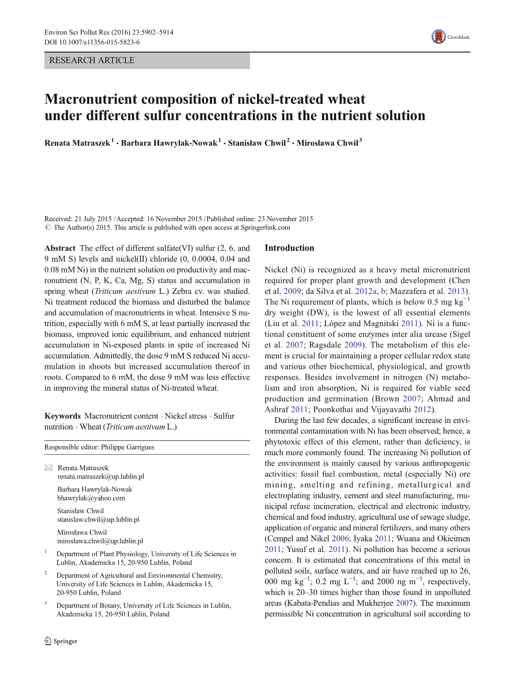 Macronutrient Composition of Nickel-Treated Wheat Under Different Sulfur Concentrations in the Nutrient Solution