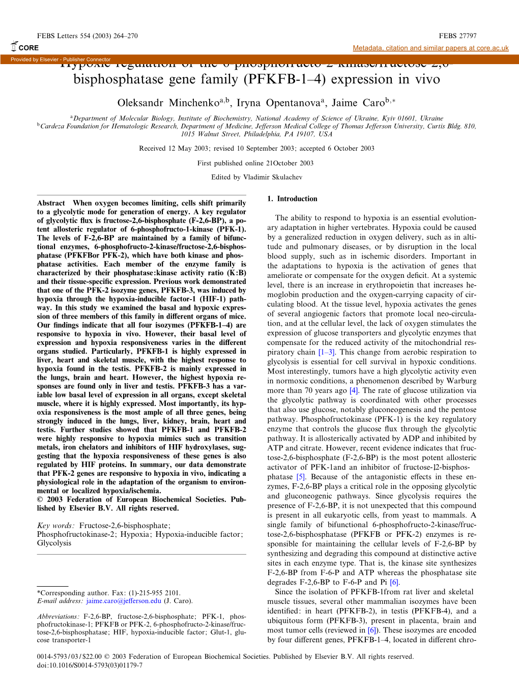 Hypoxic Regulation of the 6-Phosphofructo-2-Kinase/Fructose