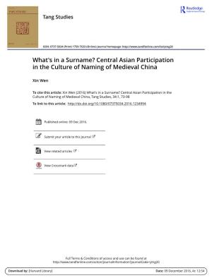 Central Asian Participation in the Culture of Naming of Medieval China