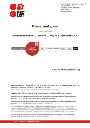 Puma Concolor, Puma Errata Version Assessment By: Nielsen, C., Thompson, D., Kelly, M
