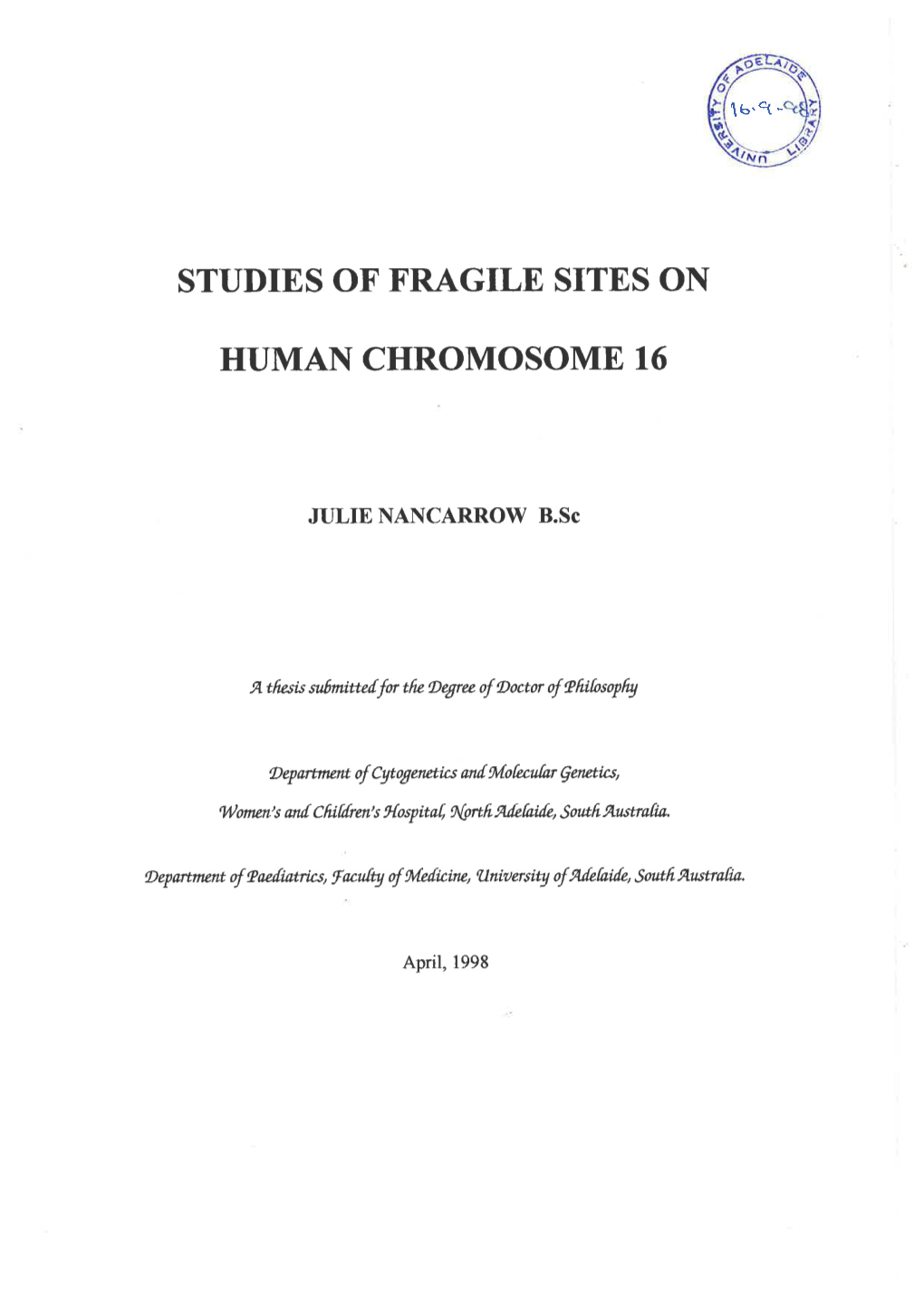 Studies of Fragile Sites on Human Chromosome 16