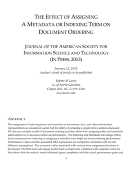 The Effect of Assigning a Metadata Or Indexing Term on Document Ordering