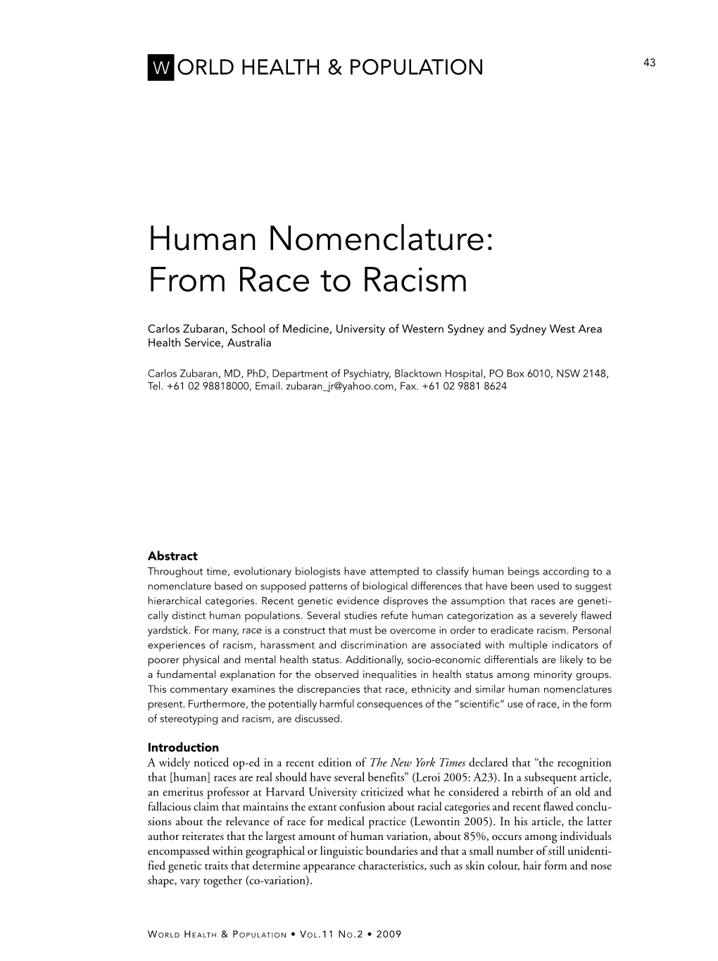 Human Nomenclature: from Race to Racism