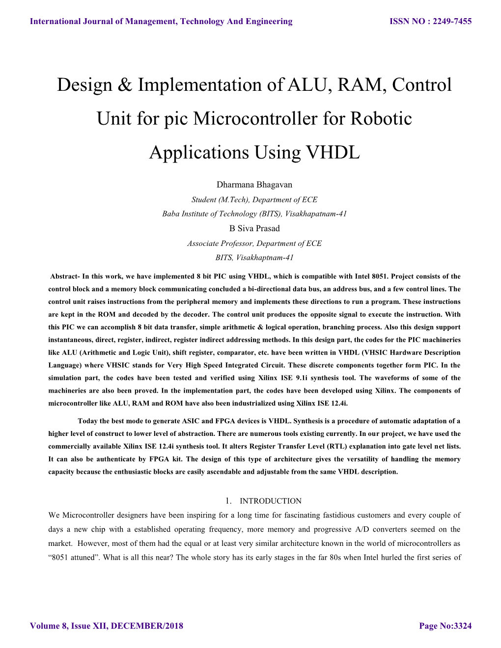 Design & Implementation of ALU, RAM, Control Unit for Pic